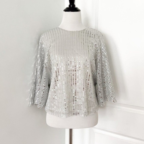 Zara trf collection Silver Sequins Disco Flowy Boho Blouse - Picture 6 of 16
